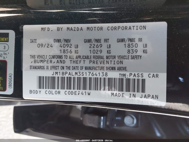Aukcja sprzedaży 2025 Mazda Mazda3 2.5 S Preferred, vin: JM1BPALM3S1764138, numer aukcji: 44800997