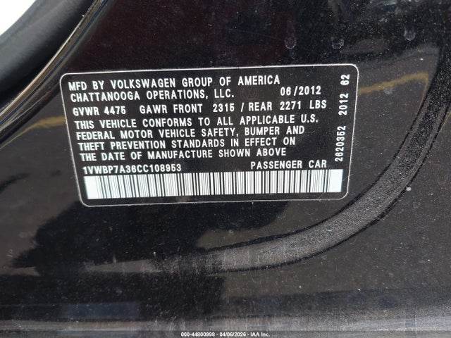 Aukcja sprzedaży 2012 Volkswagen Passat 2.5l Se, vin: 1VWBP7A36CC108953, numer aukcji: 44800998