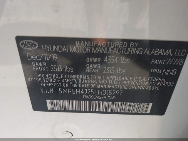 2020 Hyundai Sonata Limited მანქანა იყიდება აუქციონზე, vin: 5NPEH4J25LH015297, აუქციონის ნომერი: 44800999