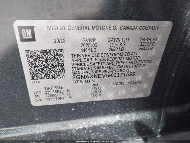 Aukcja sprzedaży 2019 Chevrolet Equinox Lt, vin: 2GNAXKEV5K6171599, numer aukcji: 44801003