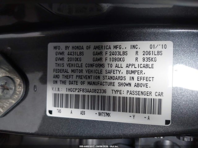 Aukcja sprzedaży 2010 Honda Accord 2.4 Ex-l, vin: 1HGCP2F83AA082336, numer aukcji: 44801017