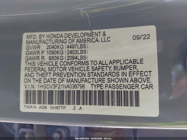 1HGCV3F21NA038798 Honda Accord Hybrid Sport