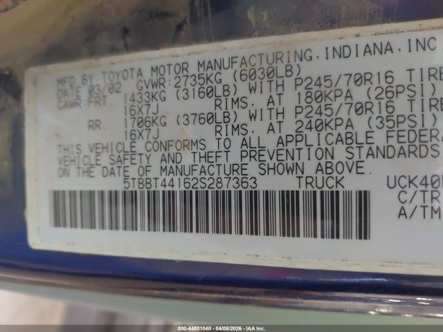 2002 TOYOTA TUNDRA 5TBBT44162S287363 Photo 8