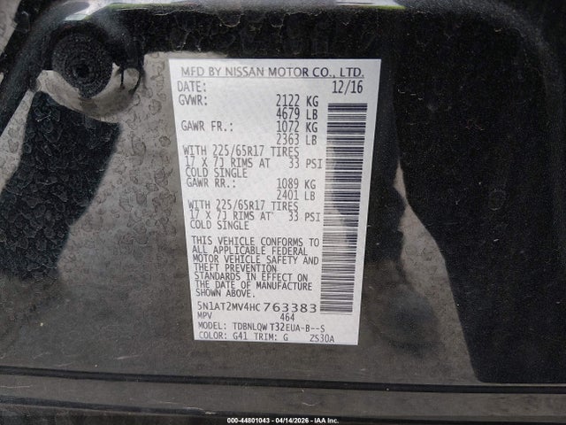 Продажа на аукционе авто 2017 Nissan Rogue Sv, vin: 5N1AT2MV4HC763383, номер лота: 44801043