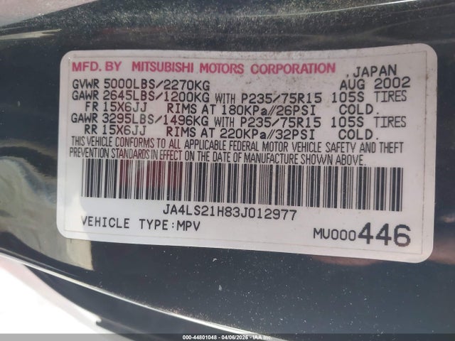 Продаж на аукціоні авто 2003 Mitsubishi Montero Sport Es/ls, vin: JA4LS21H83J012977, номер лоту: 44801048