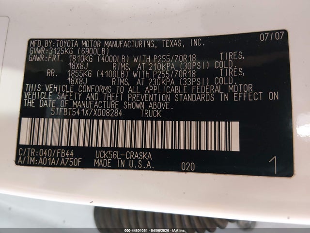 44801051 :رقم المزاد ، 5TFBT541X7X008284 vin ، 2007 Toyota Tundra Sr5 4.7l V8 مزاد بيع