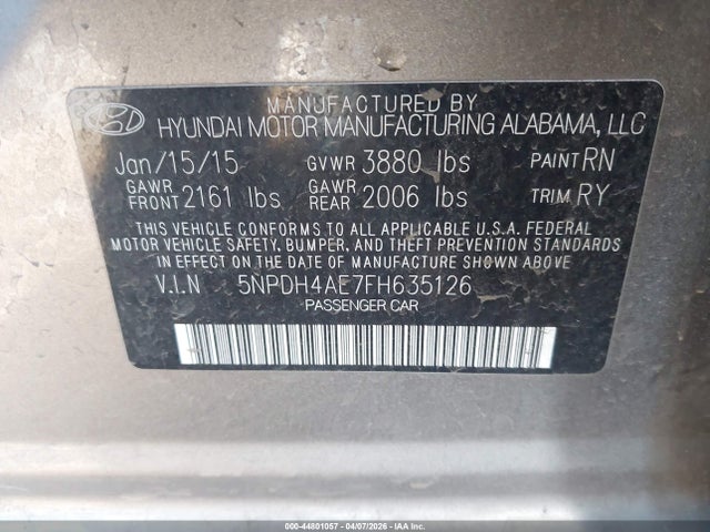 Auction sale of the 2015 Hyundai Elantra Se, vin: 5NPDH4AE7FH635126, lot number: 44801057