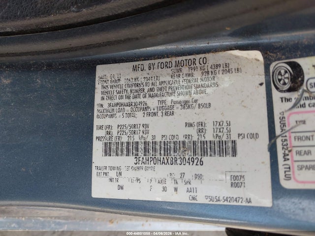Продаж на аукціоні авто 2011 Ford Fusion Se, vin: 3FAHP0HAXBR304926, номер лоту: 44801058