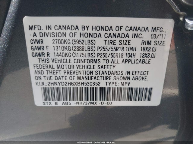 44801066 :رقم المزاد ، 2HNYD2H6XBH530352 vin ، 2011 Acura Mdx Technology Package مزاد بيع