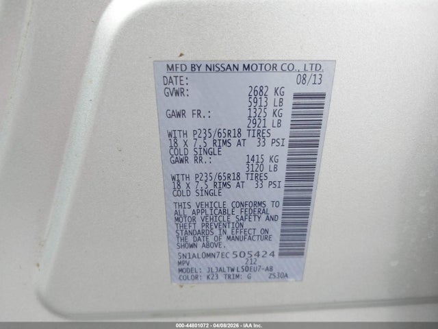 Aukcja sprzedaży 2014 Infiniti Qx60, vin: 5N1AL0MN7EC505424, numer aukcji: 44801072