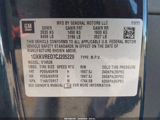 44801081 :رقم المزاد ، 1GKKVRED7CJ205229 vin ، 2012 Gmc Acadia Slt-1 مزاد بيع