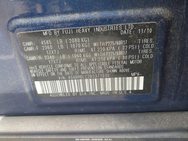 44801085 :رقم المزاد ، 4S4BRBLC2B3371030 vin ، 2011 Subaru Outback 2.5i Limited مزاد بيع