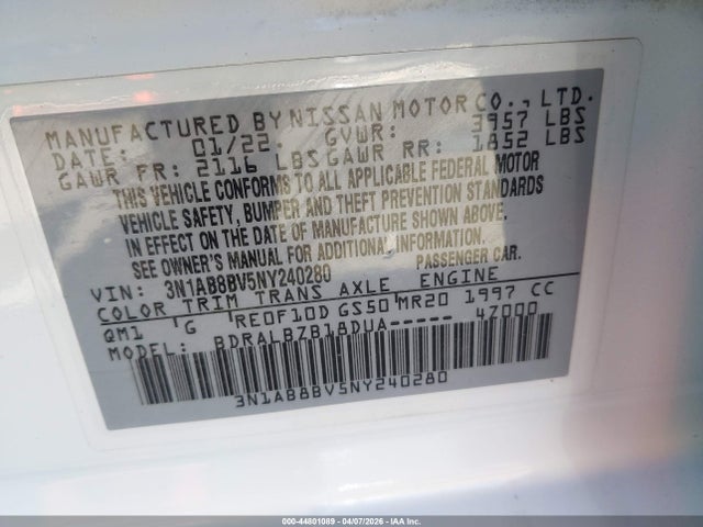 Nissan Sentra S Xtronic Cvt 2022 3N1AB8BV5NY240280 Image 9
