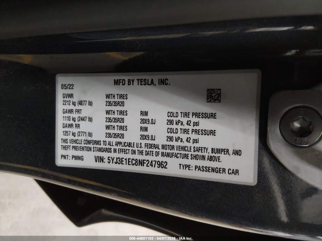 Aukcja sprzedaży 2022 Tesla Model 3 Performance Dual Motor All-wheel Drive, vin: 5YJ3E1EC8NF247962, numer aukcji: 44801102