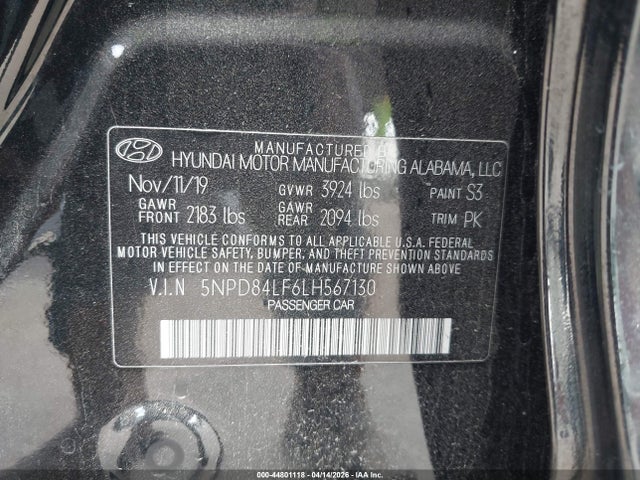 Aukcja sprzedaży 2020 Hyundai Elantra Sel, vin: 5NPD84LF6LH567130, numer aukcji: 44801118