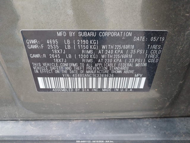 Aukcja sprzedaży 2019 Subaru Outback 2.5i Limited, vin: 4S4BSANC1K3369636, numer aukcji: 44801122
