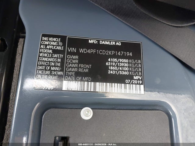 Продаж на аукціоні авто 2019 Mercedes-benz Sprinter 2500 High Roof V6, vin: WD4PF1CD2KP147194, номер лоту: 44801131