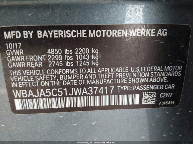 Продаж на аукціоні авто 2018 Bmw 530i, vin: WBAJA5C51JWA37417, номер лоту: 44801132