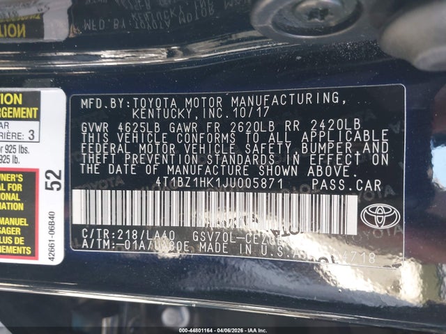 4T1BZ1HK1JU005871 Toyota Camry Xle V6