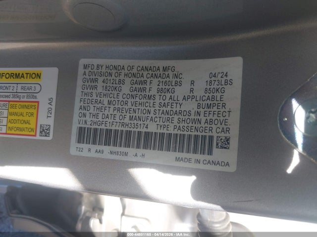 Продаж на аукціоні авто 2024 Honda Civic Ex, vin: 2HGFE1F77RH335174, номер лоту: 44801165