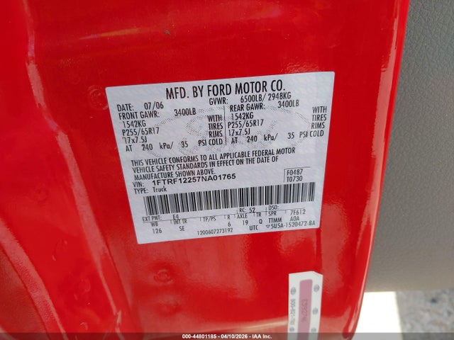 Продаж на аукціоні авто 2007 Ford F-150 Stx/xl/xlt, vin: 1FTRF12257NA01765, номер лоту: 44801185