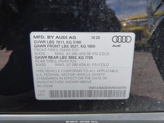 Aukcja sprzedaży 2021 Audi E-tron Premium Quattro, vin: WA1AAAGE4MB008356, numer aukcji: 44801191