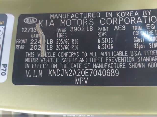 Продажа на аукционе авто 2014 Kia Soul, vin: KNDJN2A20E7040689, номер лота: 44801194