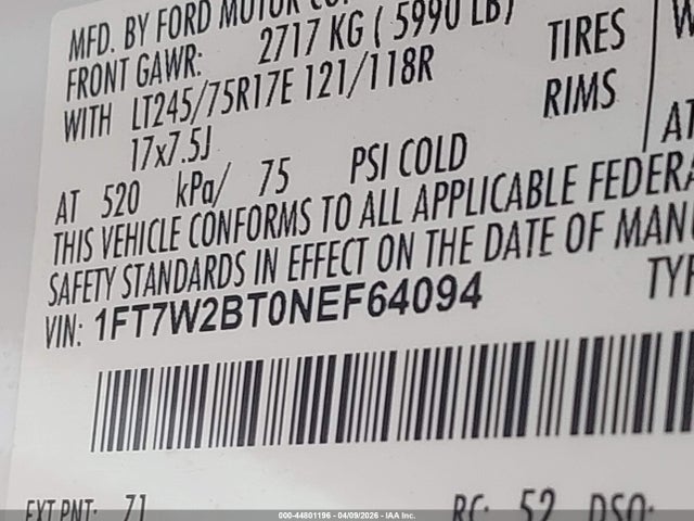 2022 Ford F-250 Xl მანქანა იყიდება აუქციონზე, vin: 1FT7W2BT0NEF64094, აუქციონის ნომერი: 44801196