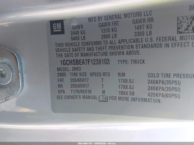 44801197 :رقم المزاد ، 1GCHSBEA7F1238103 vin ، 2015 Chevrolet Colorado Lt مزاد بيع
