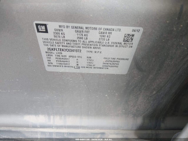 Aukcja sprzedaży 2012 Gmc Terrain Sle-2, vin: 2GKFLTEK3C6341972, numer aukcji: 44801198
