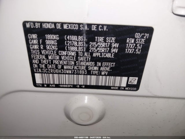 3CZRU6H30MM731893 Honda Hr-v Awd Lx