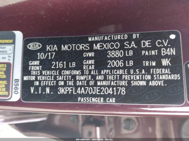 3KPFL4A70JE204178 KIA FORTE LX