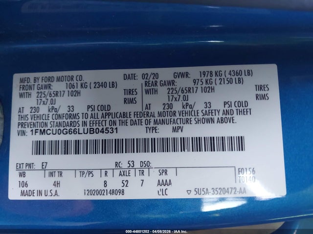 Продаж на аукціоні авто 2020 Ford Escape Se, vin: 1FMCU0G66LUB04531, номер лоту: 44801202