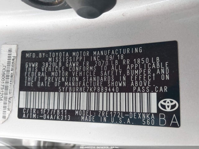 Продаж на аукціоні авто 2019 Toyota Corolla Le, vin: 5YFBURHE7KP889440, номер лоту: 44801214