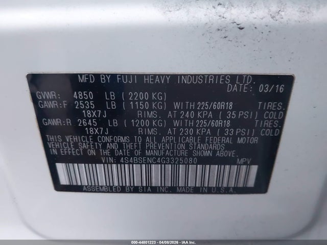 4S4BSENC4G3325080 Subaru Outback 3.6r Limited
