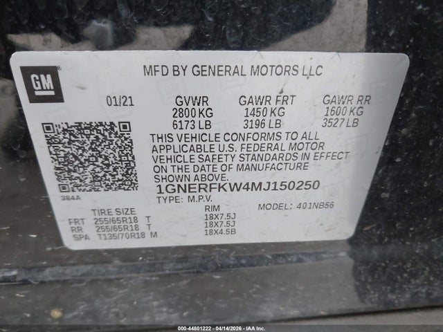 44801222 :رقم المزاد ، 1GNERFKW4MJ150250 vin ، 2021 Chevrolet Traverse Fwd Ls مزاد بيع