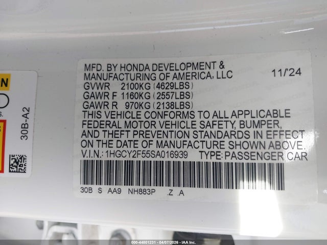 Aukcja sprzedaży 2025 Honda Accord Hybrid Sport, vin: 1HGCY2F55SA016939, numer aukcji: 44801231