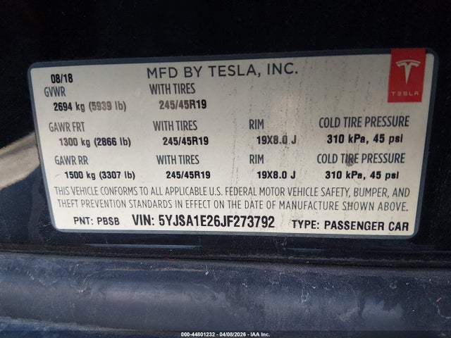 Продажа на аукционе авто 2018 Tesla Model S 100d/75d/p100d, vin: 5YJSA1E26JF273792, номер лота: 44801232