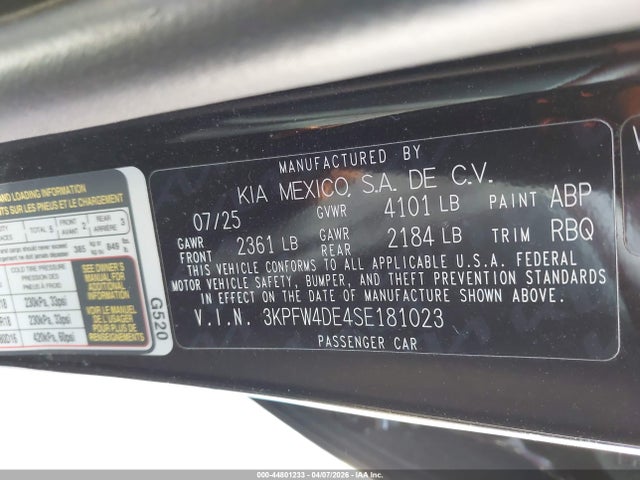 2025 Kia K4 Gt-line მანქანა იყიდება აუქციონზე, vin: 3KPFW4DE4SE181023, აუქციონის ნომერი: 44801233