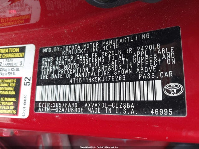 4T1B11HK5KU176289 Toyota CAMRY SE