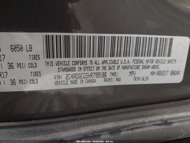 Продажа на аукционе авто 2017 Dodge Grand Caravan Gt, vin: 2C4RDGEG5HR799186, номер лота: 44801254