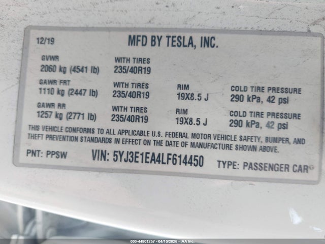 2020 Tesla Model 3 Standard Range Plus Rear-wheel Drive/standard Range Rear-wheel Drive მანქანა იყიდება აუქციონზე, vin: 5YJ3E1EA4LF614450, აუქციონის ნომერი: 44801257