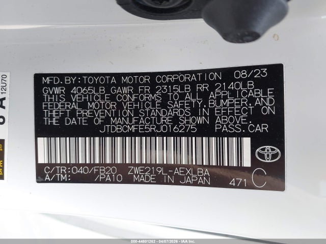 2024 Toyota Corolla Hybrid Le მანქანა იყიდება აუქციონზე, vin: JTDBCMFE5RJ016275, აუქციონის ნომერი: 44801262