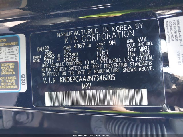 44801263 :رقم المزاد ، KNDEPCAA2N7346205 vin ، 2022 Kia Seltos Lx مزاد بيع