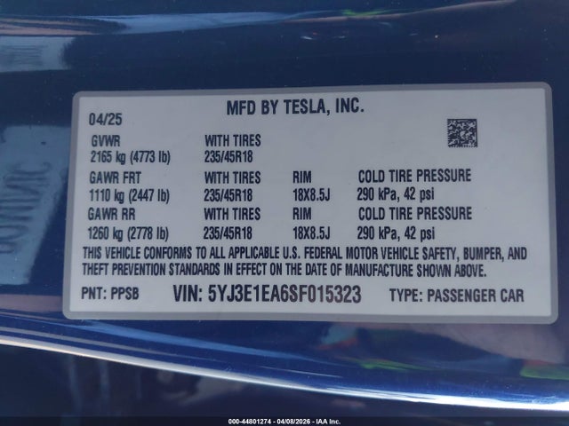 Продаж на аукціоні авто 2025 Tesla Model 3 Long Range Rear-wheel Drive/standard Rear-wheel Drive, vin: 5YJ3E1EA6SF015323, номер лоту: 44801274