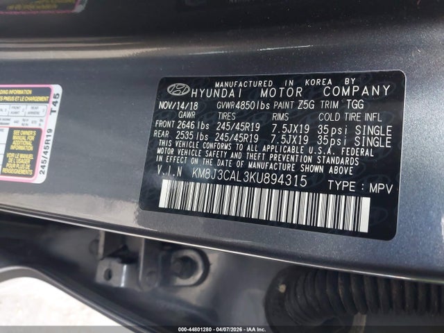 2019 HYUNDAI TUCSON KM8J3CAL3KU894315 Photo 8