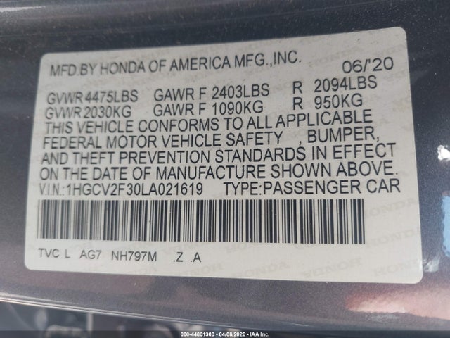 1HGCV2F30LA021619 Honda Accord Sport 2.0t