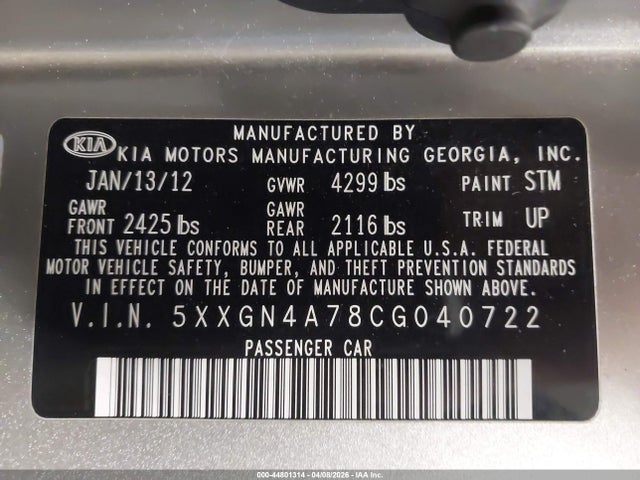 Продаж на аукціоні авто 2012 Kia Optima Ex, vin: 5XXGN4A78CG040722, номер лоту: 44801314