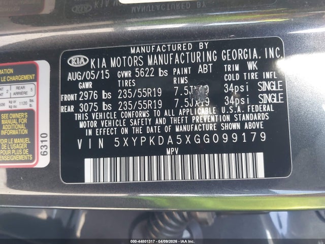 5XYPKDA5XGG099179 KIA Sorento 3.3l Sxl