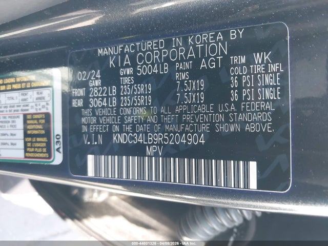 44801326 :رقم المزاد ، KNDC34LB9R5204904 vin ، 2024 Kia Ev6 Light مزاد بيع